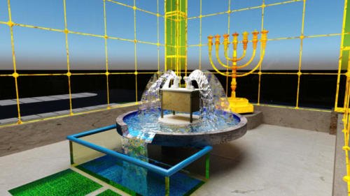 052 - Vista em Perspectiva da Fonte dos Anjos sobre a Arca da Aliança e Réplica da Menorah