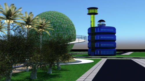066 - Vista em Perspectiva do Astrobilus e Edifício do Cyber Farol do Saber e Torre do Farol com Elevador Panorâmico